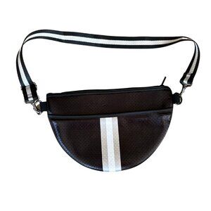 Haute Shore Neoprene Belt Bag Black White Stripe Crossbody Half Moon